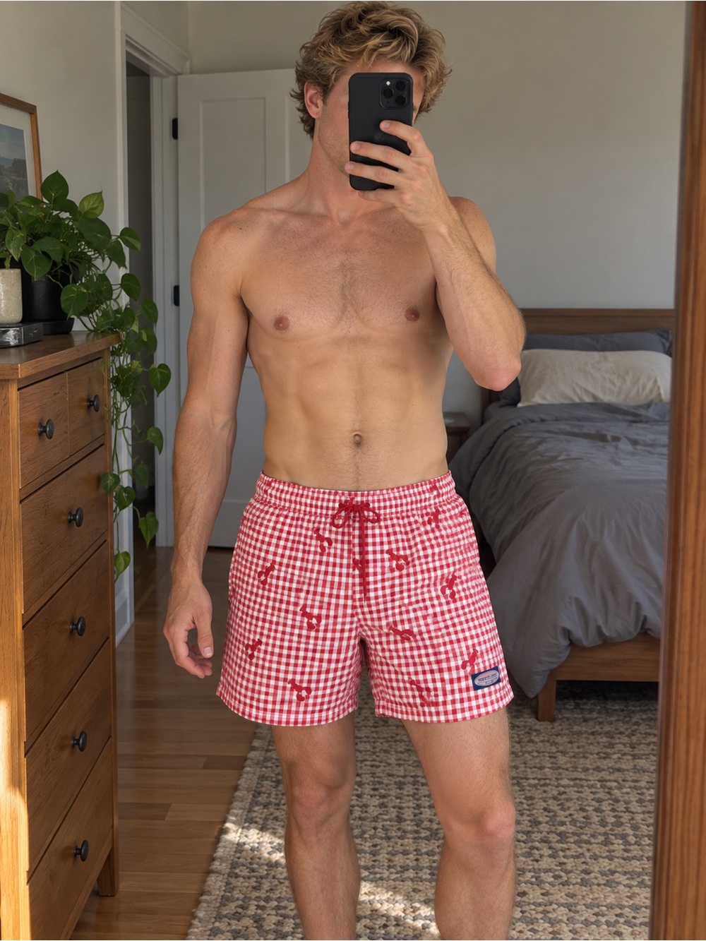 Vineyard Vines Red and White Gingham Swim Trunks with Lobster Motif